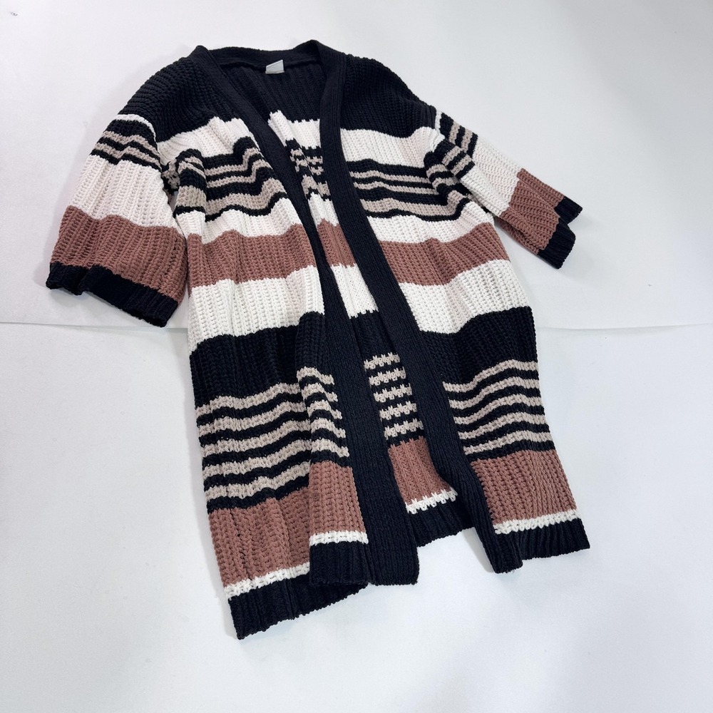 By Together Cardigan Sweater Womens S/M Multicolor‎ Striped Waffle Knit Open